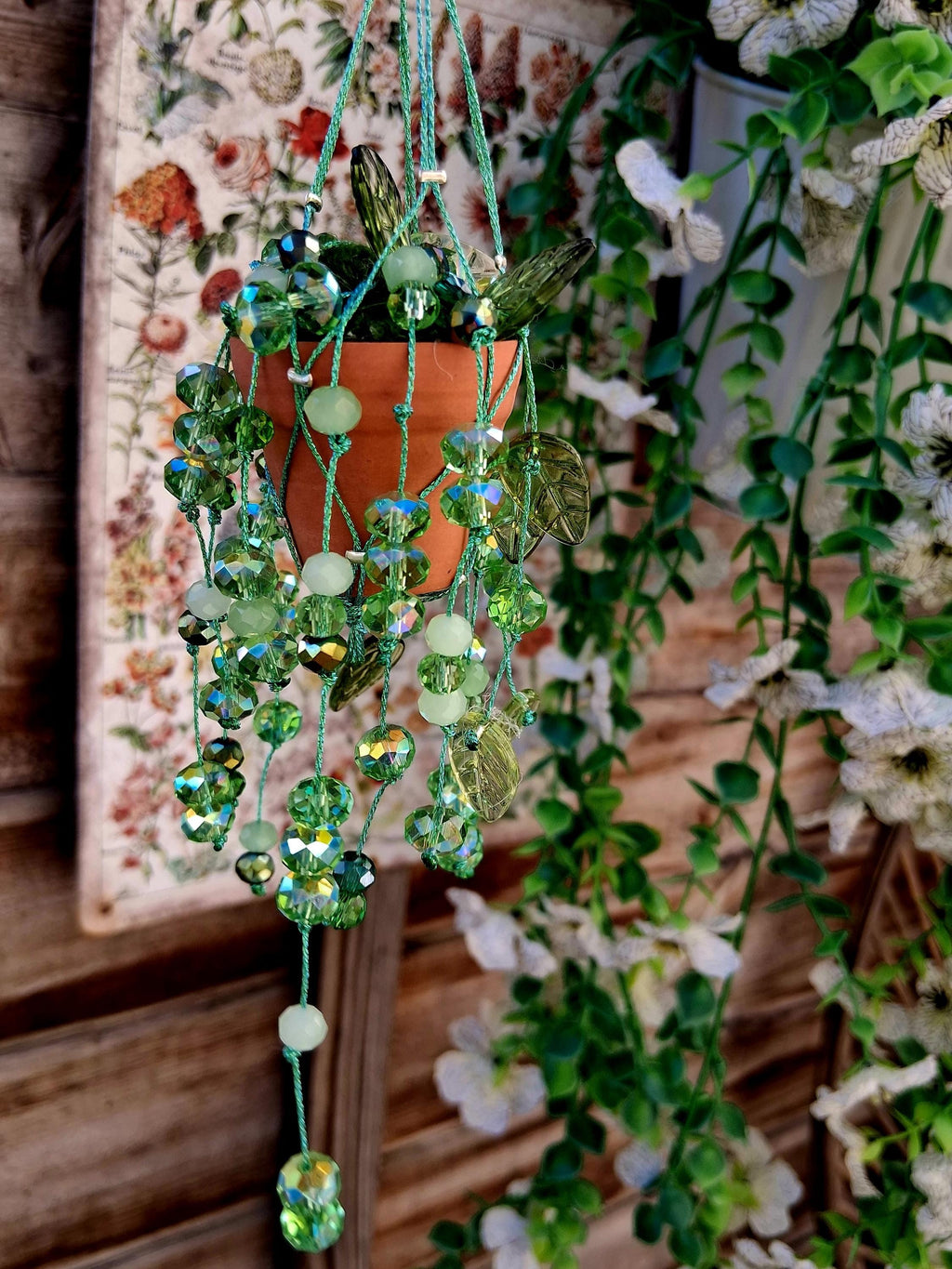 Beaded Hanging Plant Fridge Magnet, Faux Vine Magnet with Hook, Handmade Forever Plant, Boho Kitchen Decor, Green Crystal Plant Gift