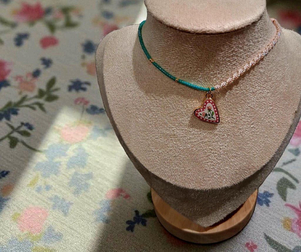 Boho Turquoise Macrame Choker, Gold Flower Charm Necklace, Adjustable Beaded Choker, Delicate Handmade Jewellery, Gift for Her