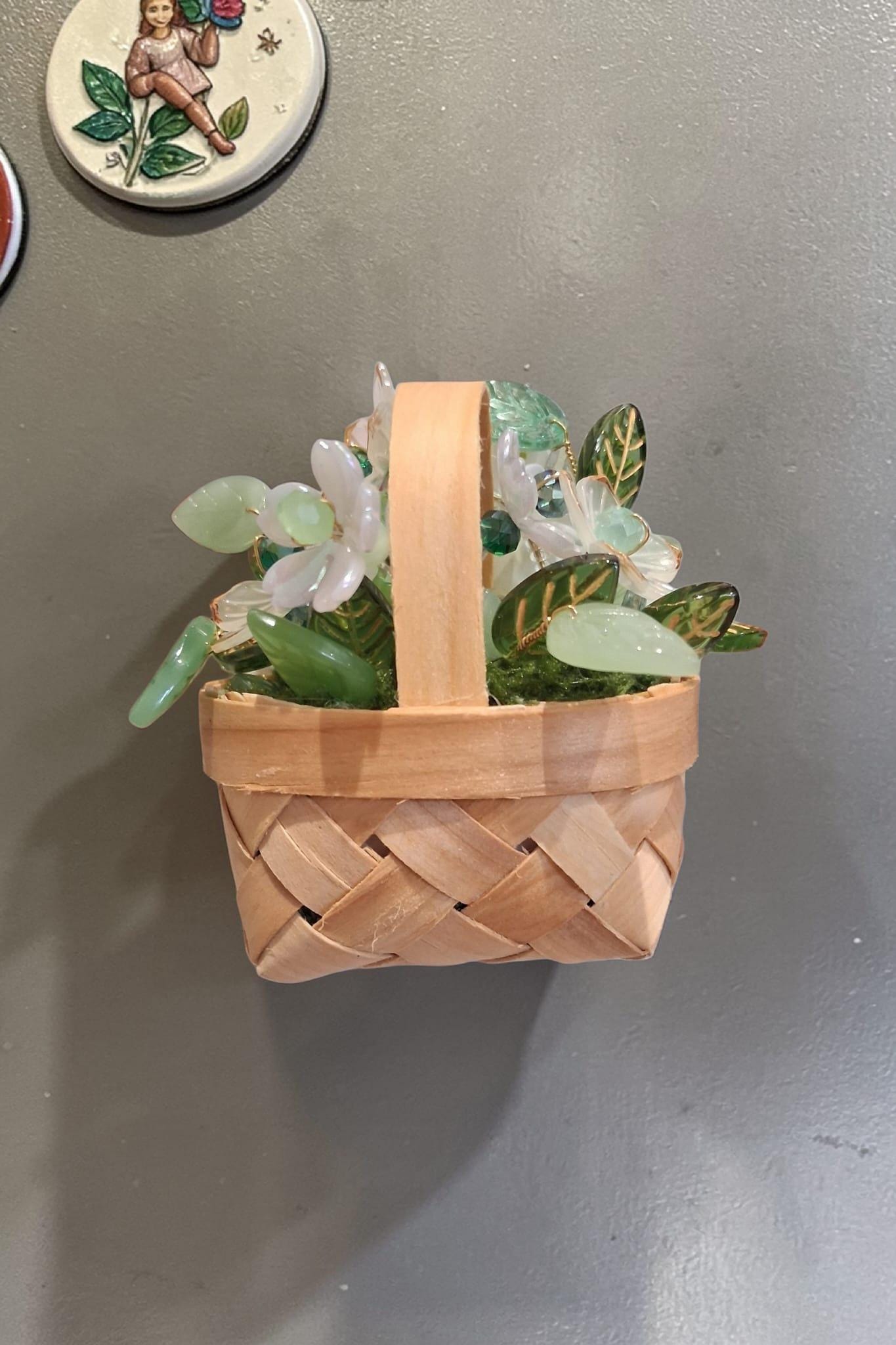 Beaded Flower Basket Magnet, Handmade Forever Plant, Green & White Floral Decor, Mini Woven Basket, Fridge Magnet Gift, Cottagecore Decor