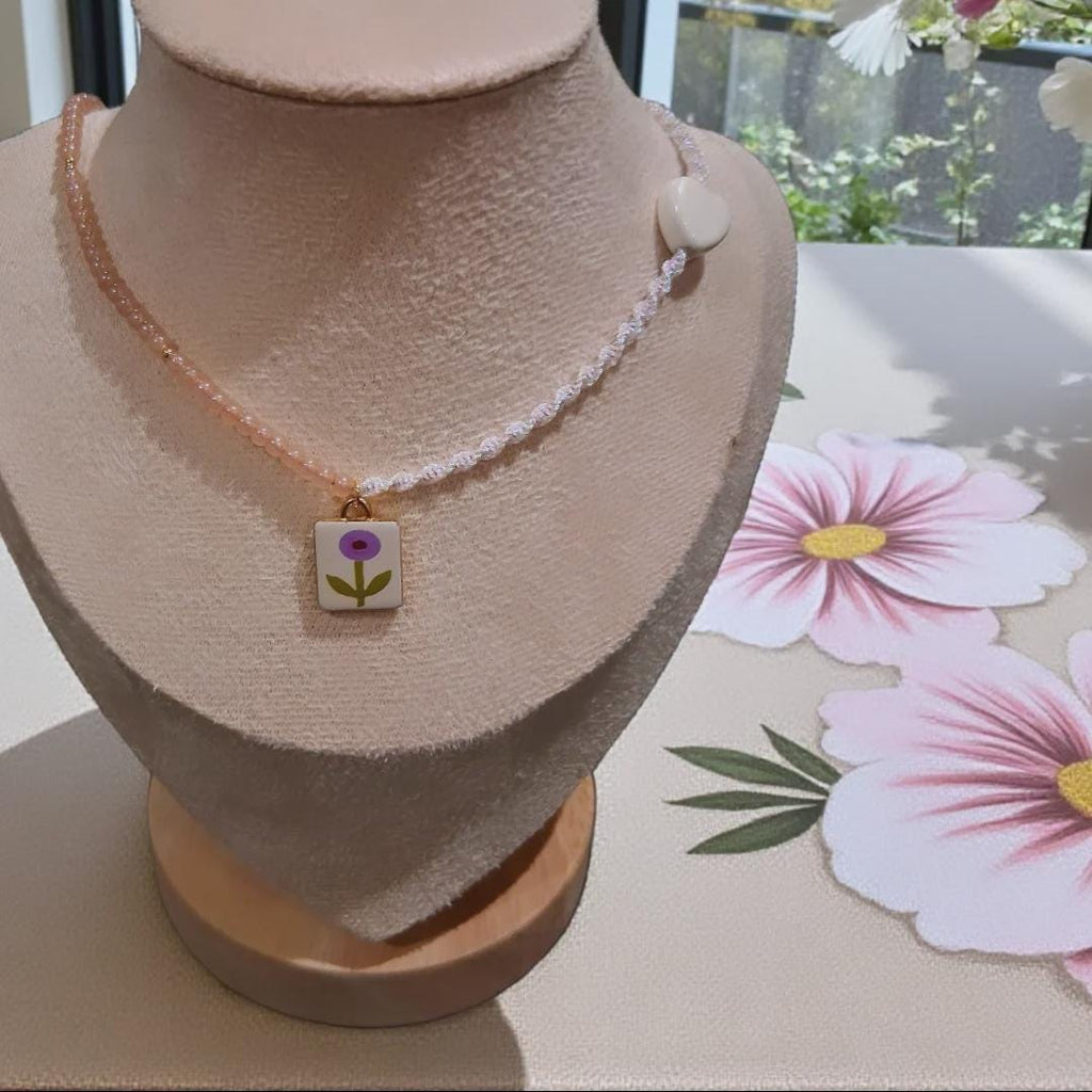 Boho Flower Charm Macrame Choker, Beaded Choker Necklace, Adjustable Dainty Choker, Delicate Handmade Jewellery, Gift for Her