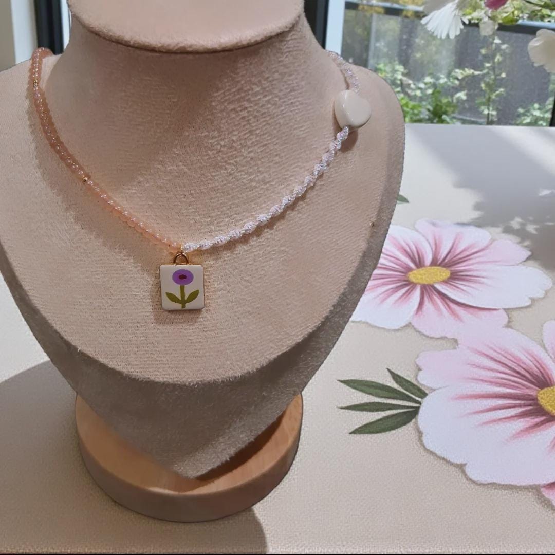Boho Flower Charm Macrame Choker, Beaded Choker Necklace, Adjustable Dainty Choker, Delicate Handmade Jewellery, Gift for Her
