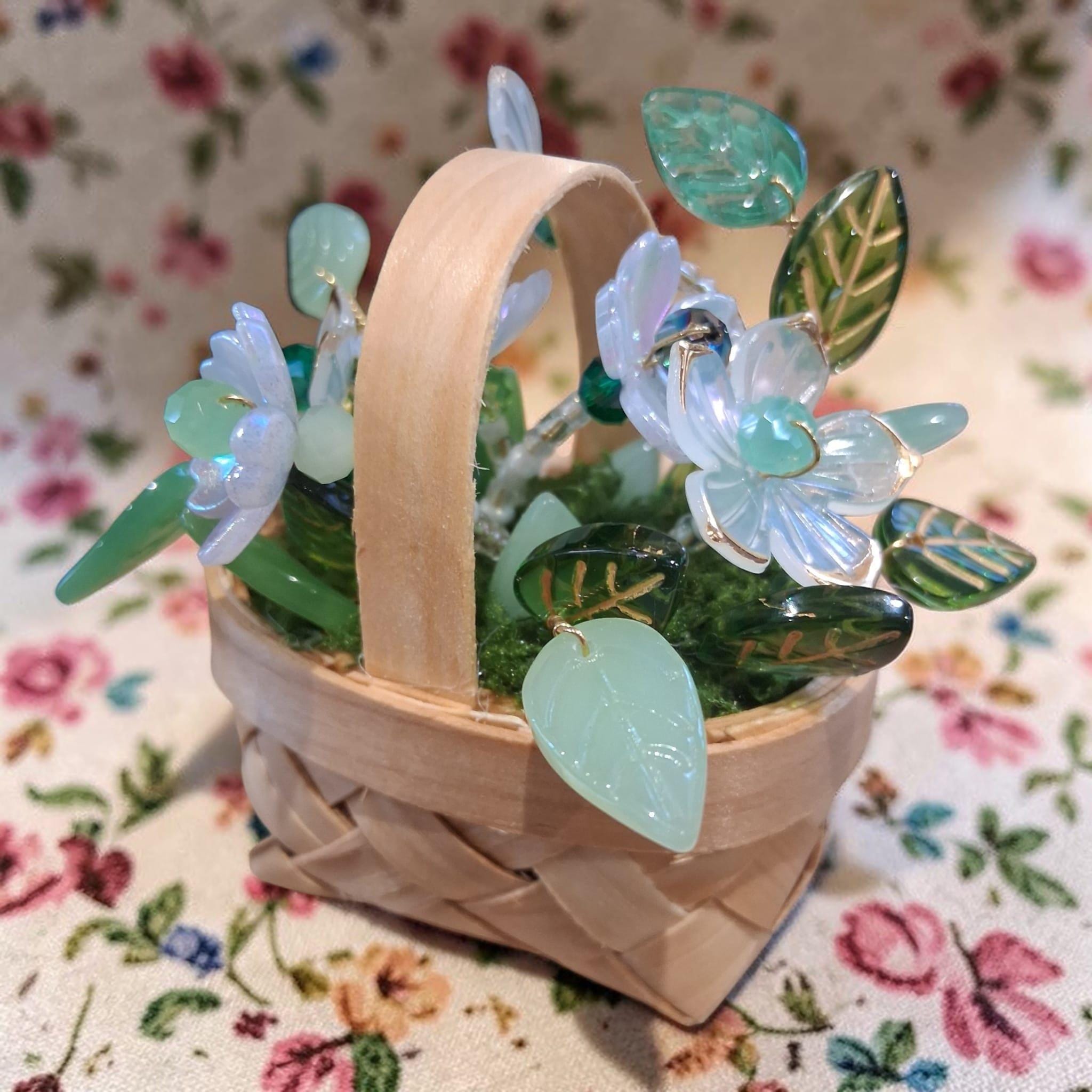 Beaded Flower Basket Magnet, Handmade Forever Plant, Green & White Floral Decor, Mini Woven Basket, Fridge Magnet Gift, Cottagecore Decor