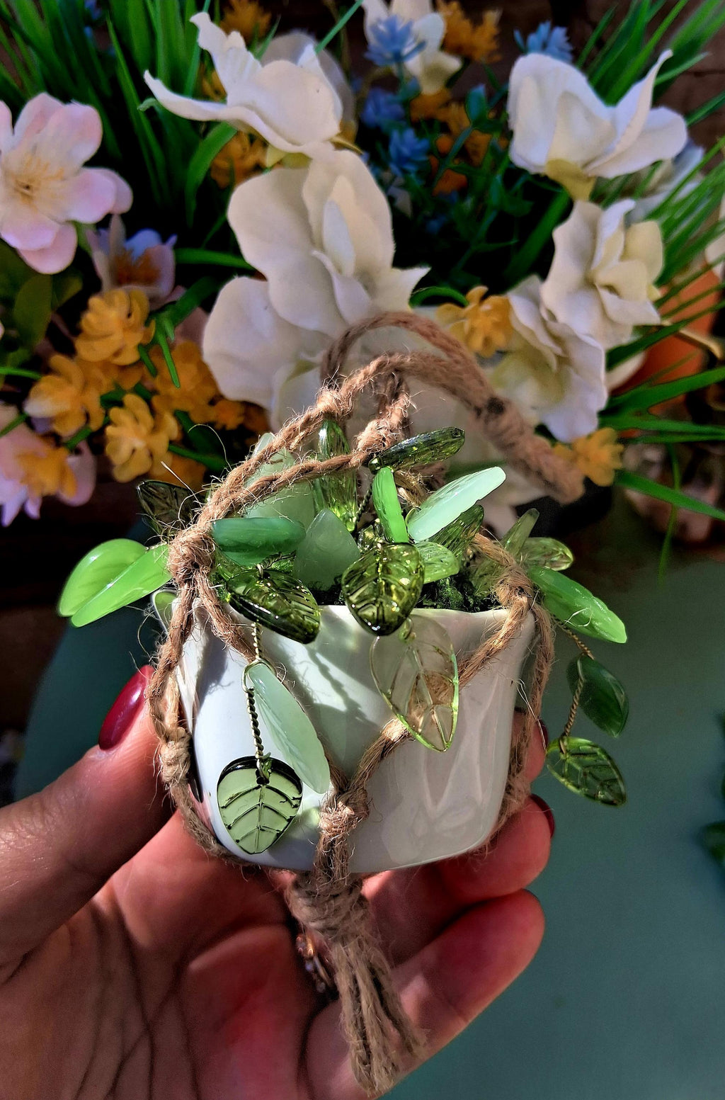 Beaded Hanging Plant Decor, Faux Trailing Vine, Handmade Forever Plant, Boho Home Decor, Mini Hanging Plant, Unique Gift, Fridge magnet