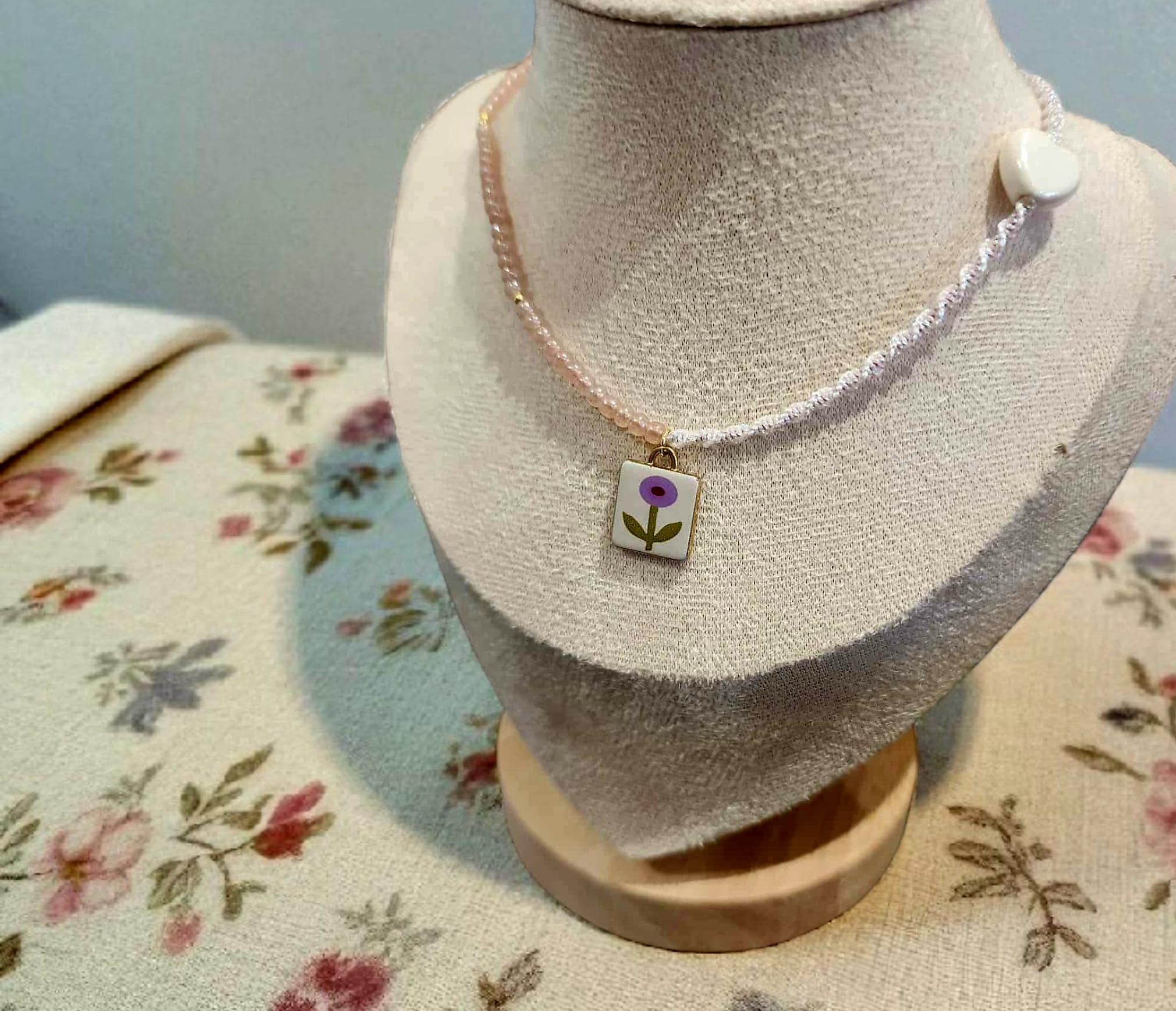 Boho Flower Charm Macrame Choker, Beaded Choker Necklace, Adjustable Dainty Choker, Delicate Handmade Jewellery, Gift for Her