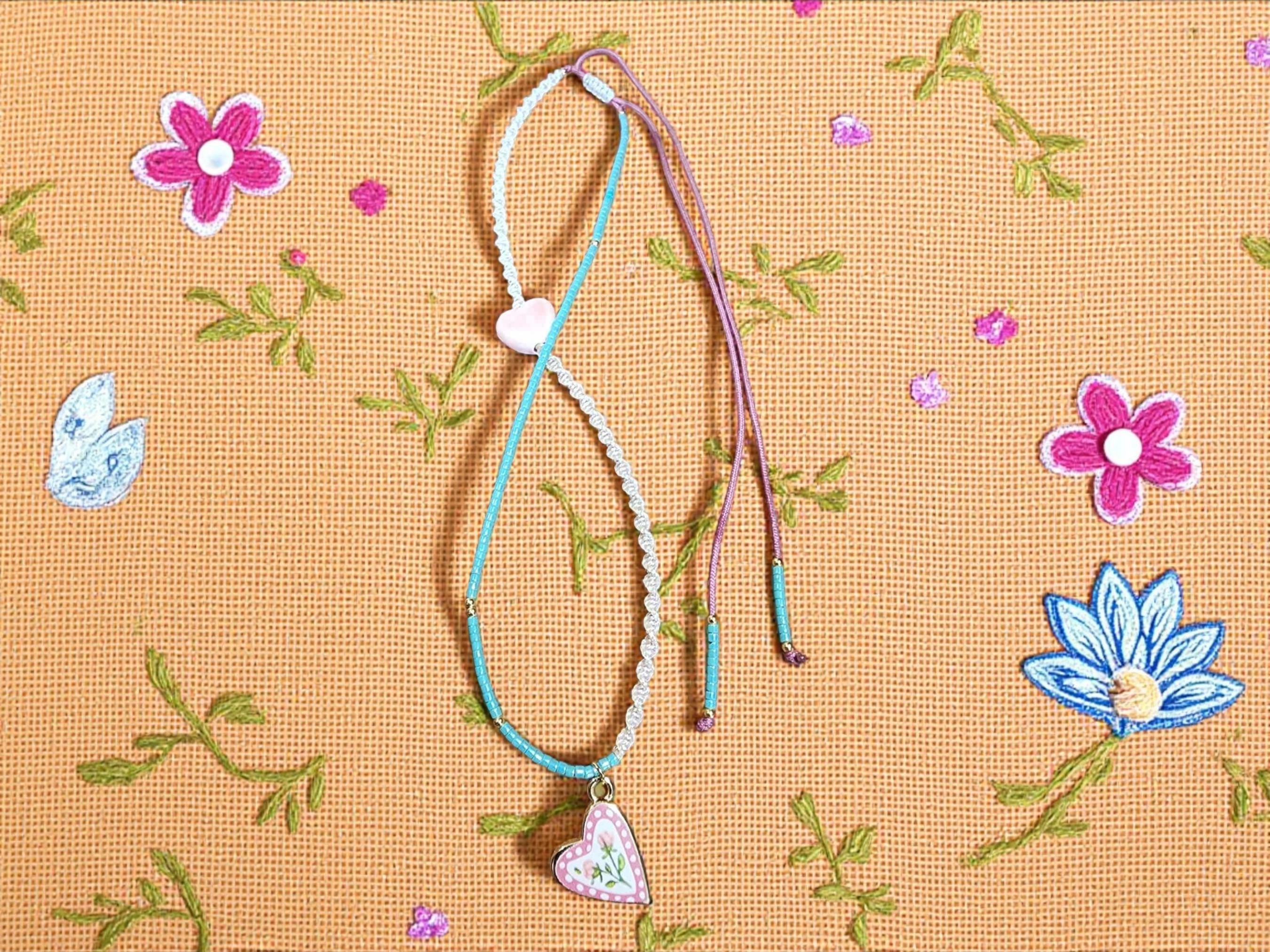 Boho Turquoise Macrame Choker, Gold Flower Charm Necklace, Adjustable Beaded Choker, Delicate Handmade Jewellery, Gift for Her