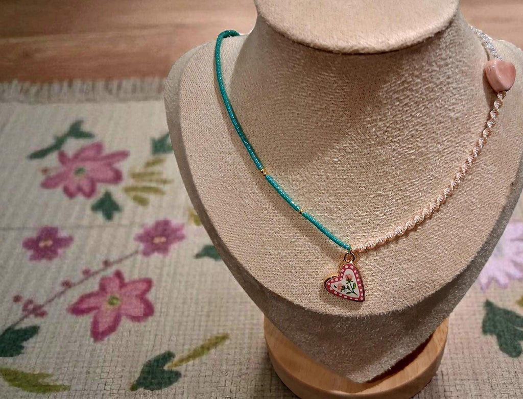 Boho Turquoise Macrame Choker, Gold Flower Charm Necklace, Adjustable Beaded Choker, Delicate Handmade Jewellery, Gift for Her