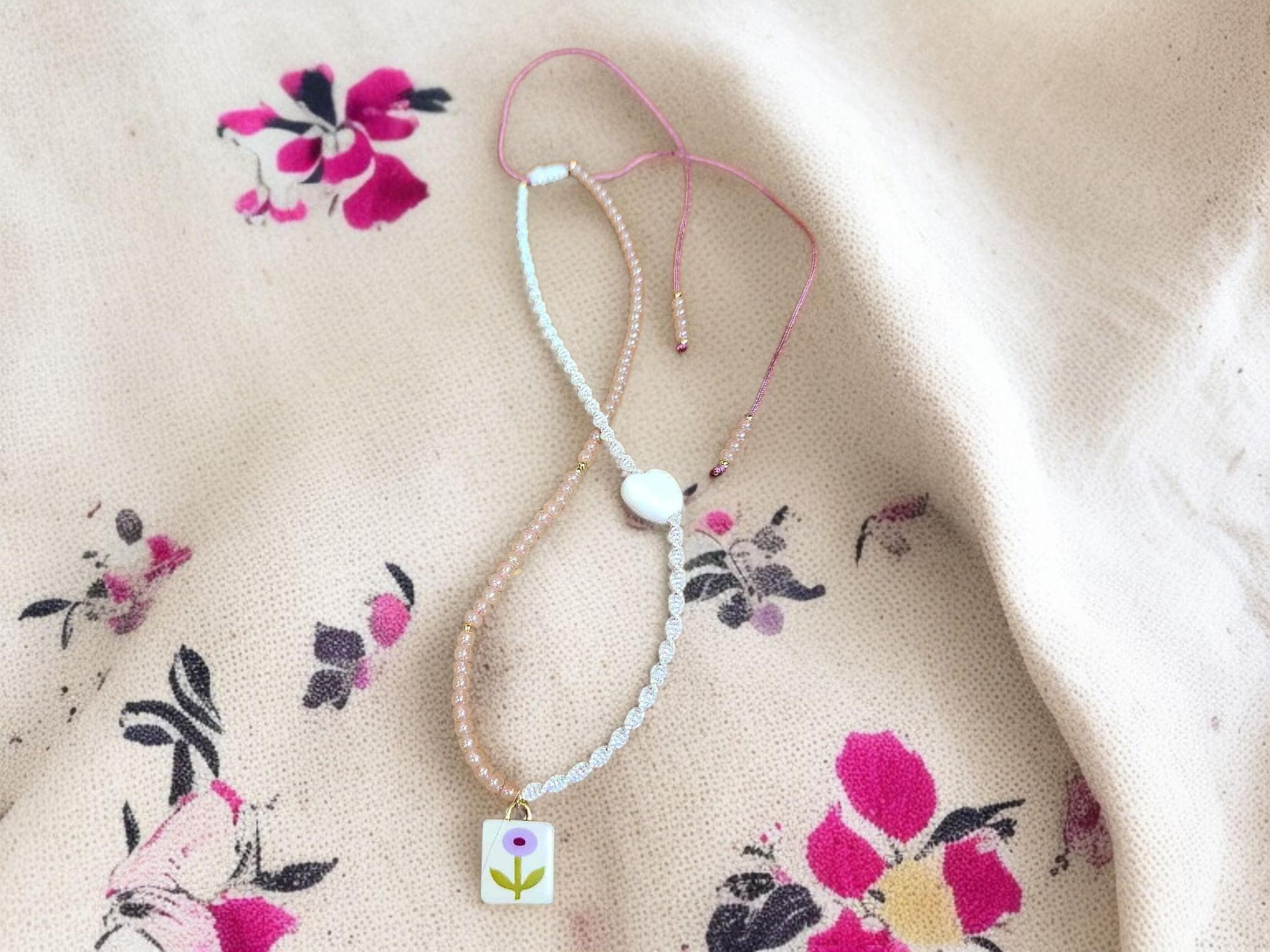 Boho Flower Charm Macrame Choker, Beaded Choker Necklace, Adjustable Dainty Choker, Delicate Handmade Jewellery, Gift for Her