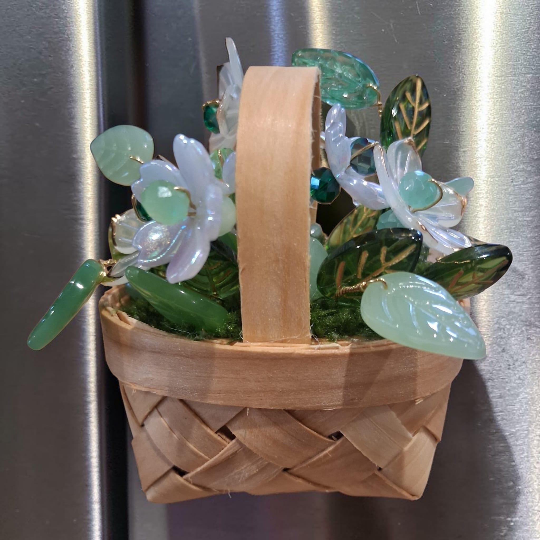Beaded Flower Basket Magnet, Handmade Forever Plant, Green & White Floral Decor, Mini Woven Basket, Fridge Magnet Gift, Cottagecore Decor