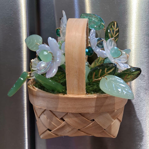 Beaded Flower Basket Magnet, Handmade Forever Plant, Green & White Floral Decor, Mini Woven Basket, Fridge Magnet Gift, Cottagecore Decor