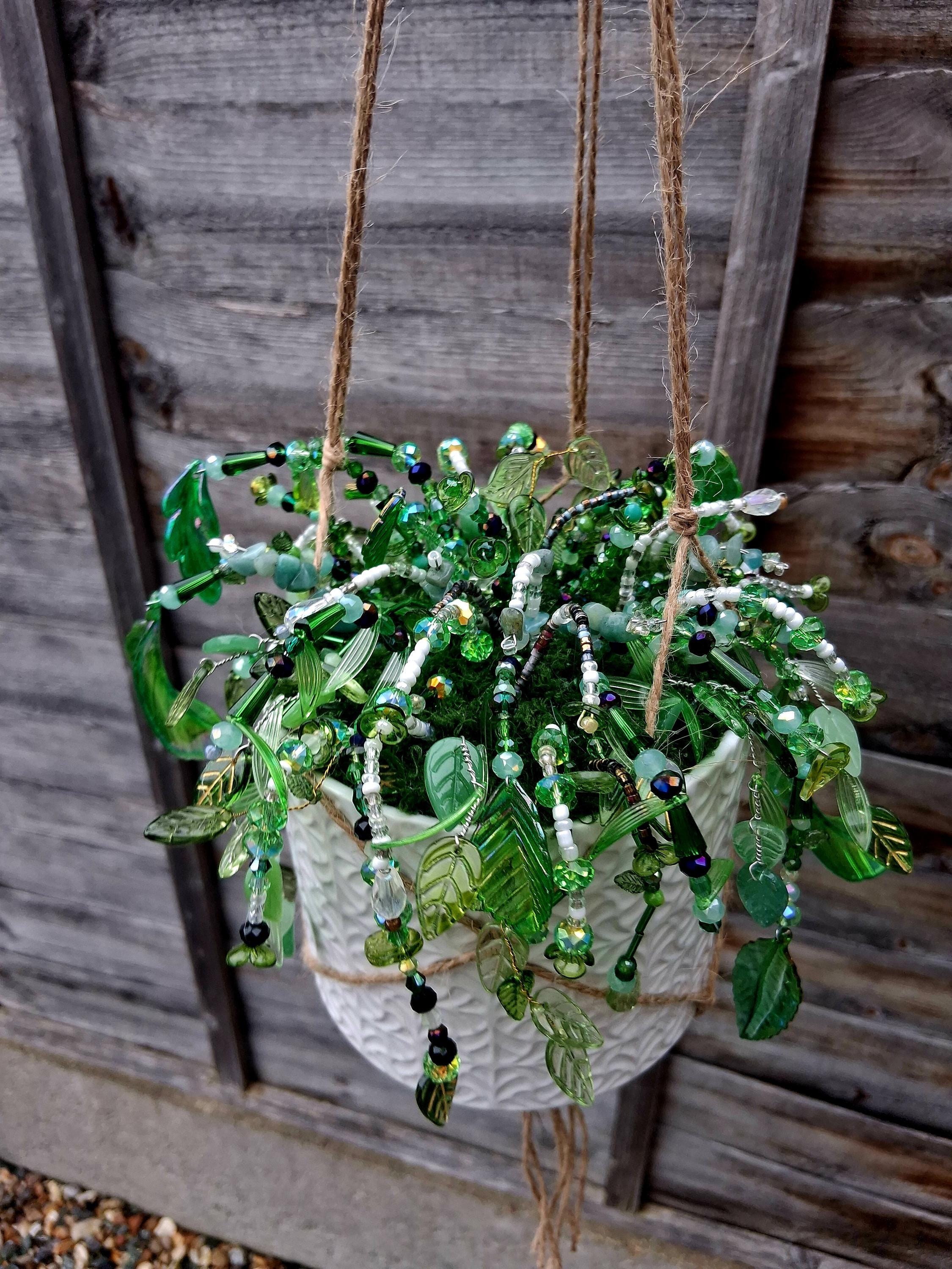 White Beaded Hanging Planter – Minimal Handmade Decor UK