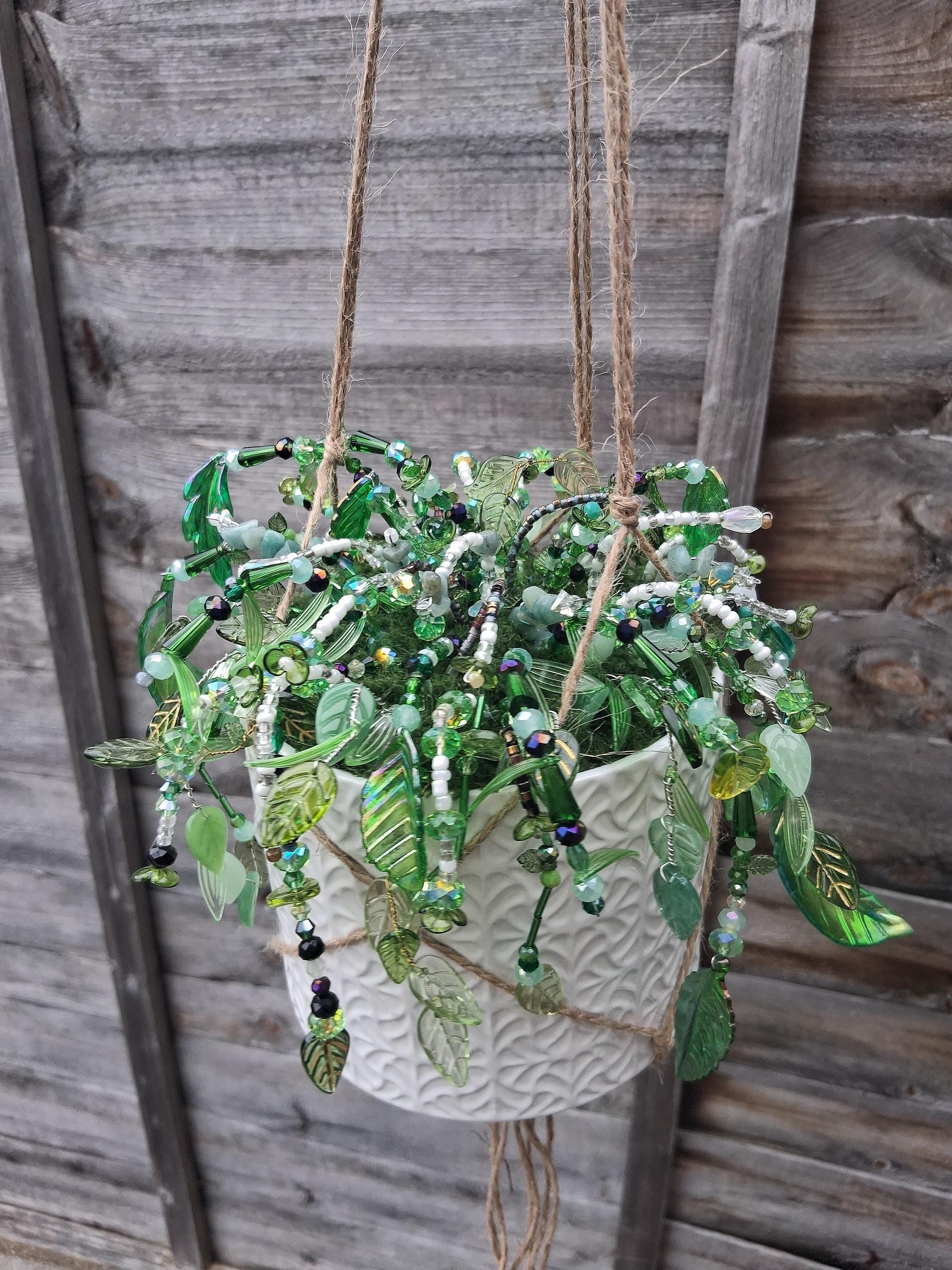 White Beaded Hanging Planter – Minimal Handmade Decor UK