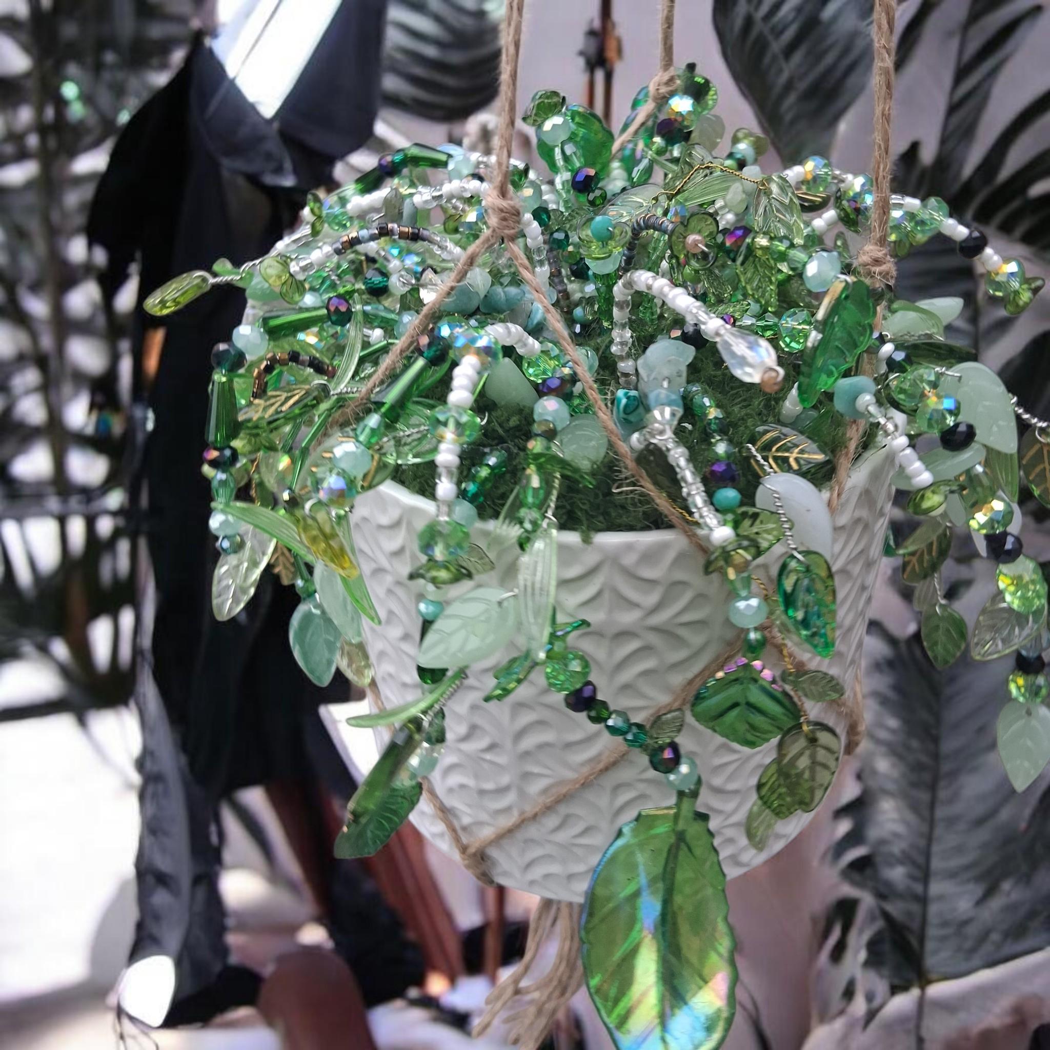 White Beaded Hanging Planter – Minimal Handmade Decor UK