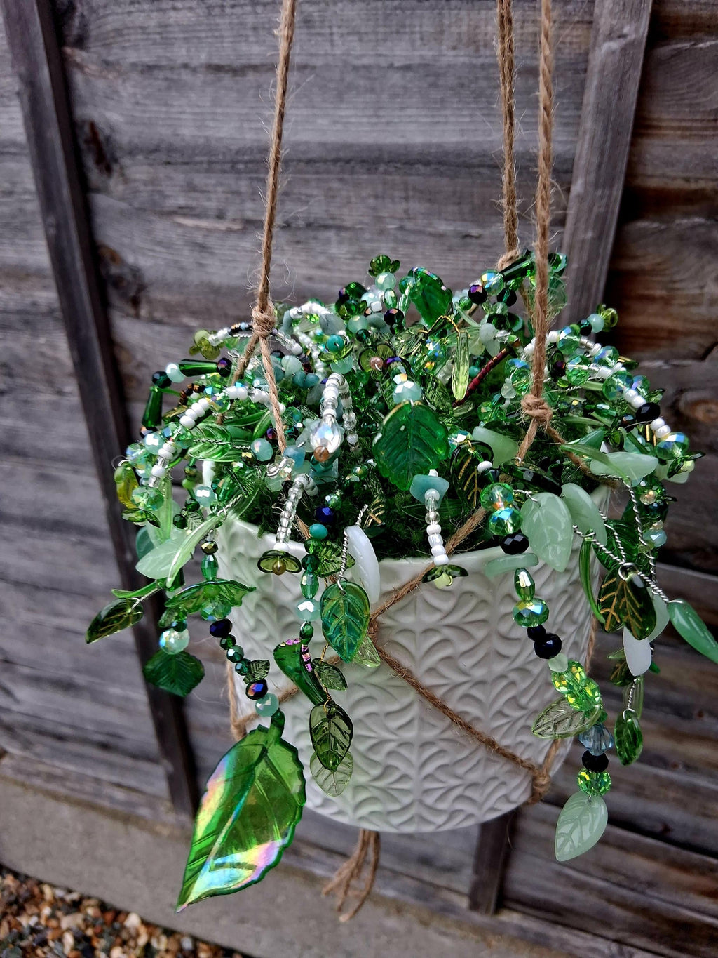 White Beaded Hanging Planter – Minimal Handmade Decor UK
